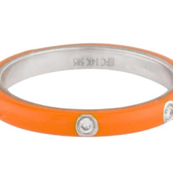 ❌️EF Collection 14K 3 Diamond Orange Enamel Ring 5.75 - Picture 3 of 9
